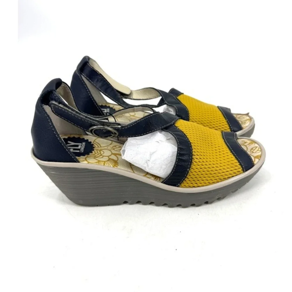 Fly‎ London Yace163Fly Peep Toe Wedge Sandals Leather Ankle Strap Yellow